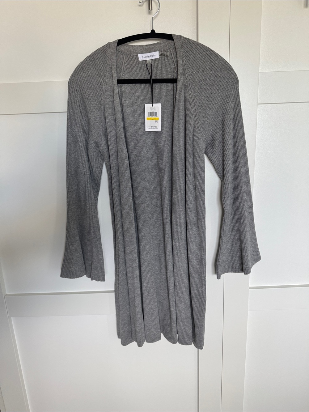 Calvin Klein Light Gray Ribbed Open-Front Women's bell sleeve Cardigan NWT Sz M
